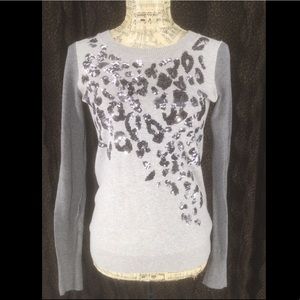 Express Small Gray Sequins Leopard Print Sweater Blouse